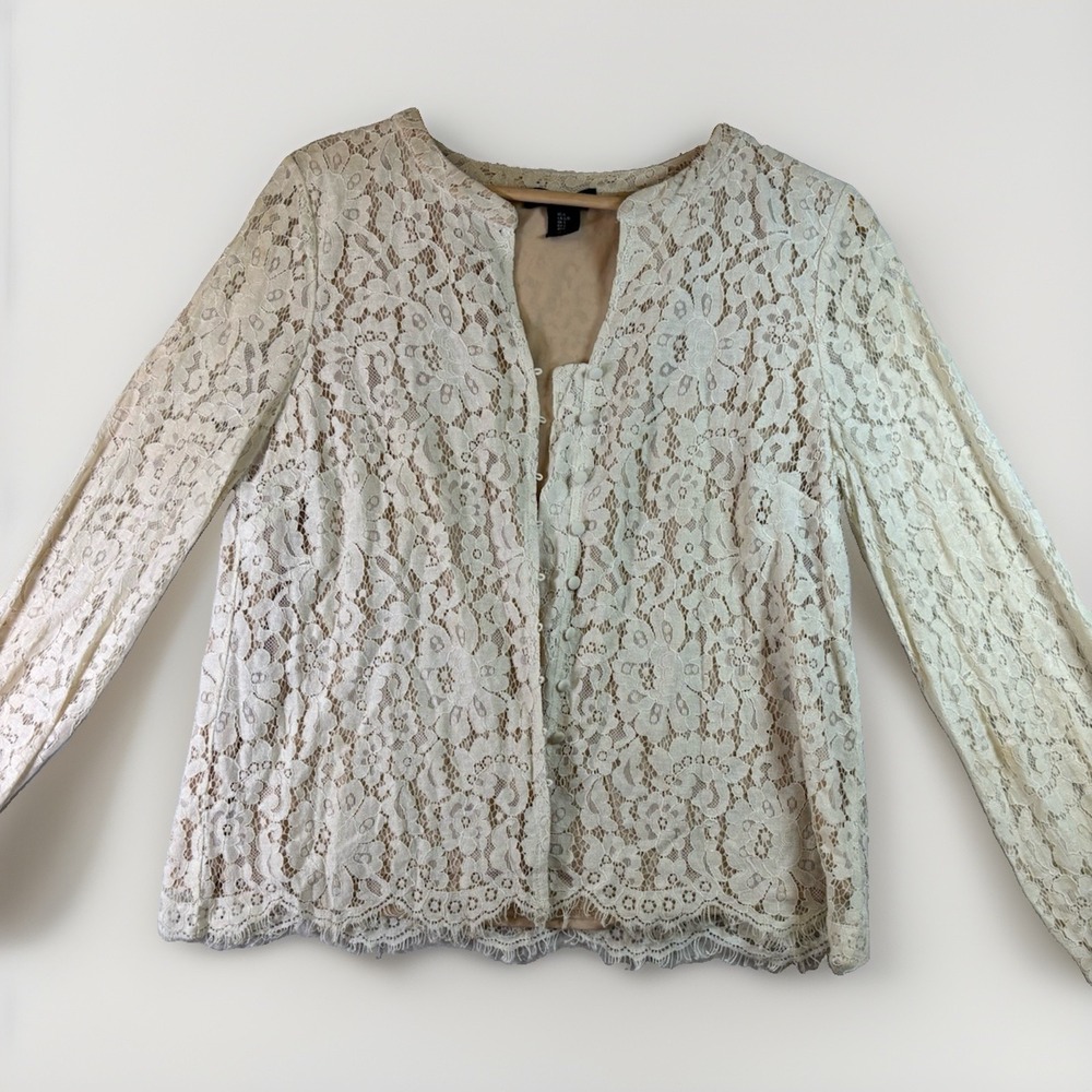 Rachel Zoe Ivory Lace Top Jacket L  Eyelet Button Front L/SL Romantic Wedding